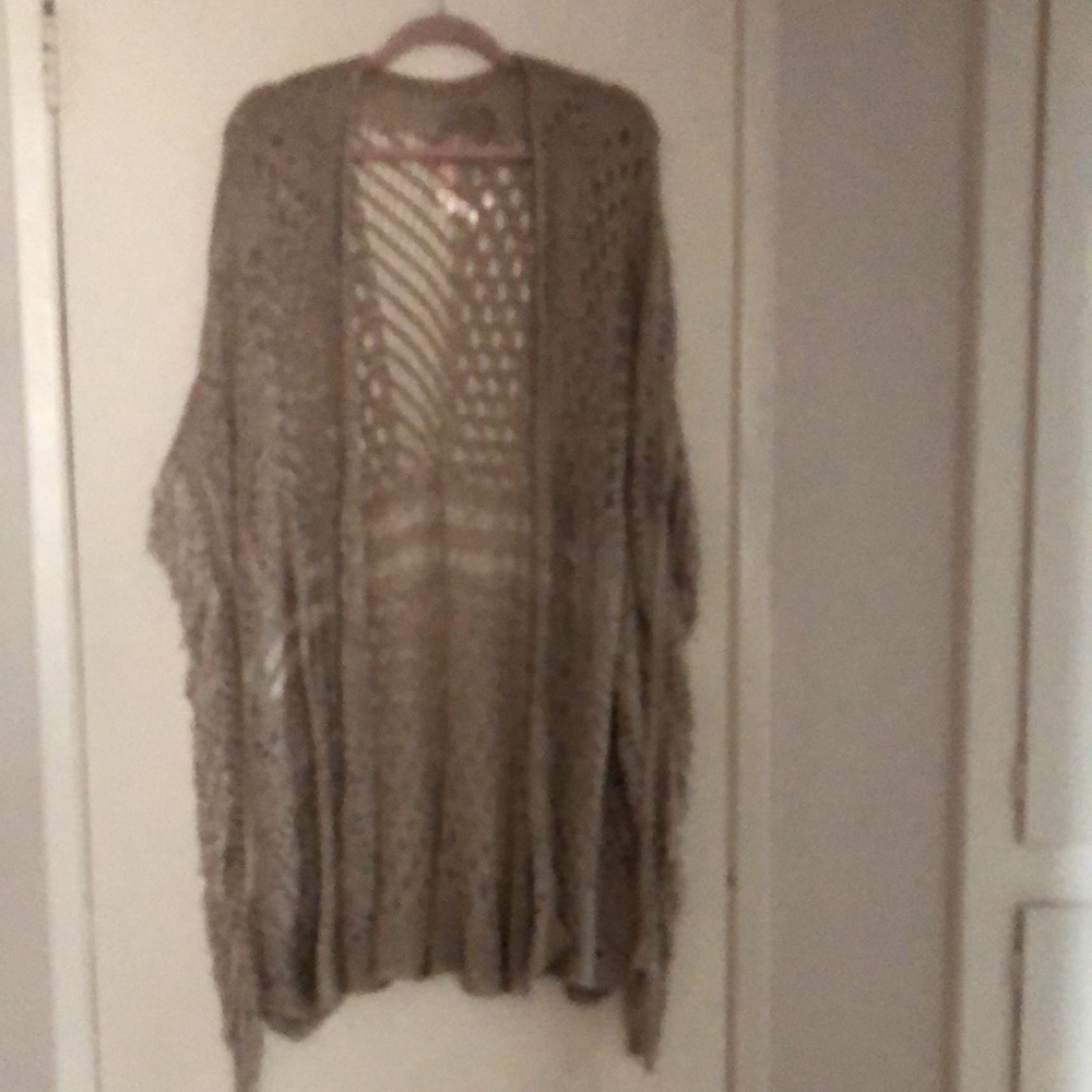 🆕Fringe Cardigan Crochet! Shrug! Sweater! Fringed sides! Taupe Beige color! OS
